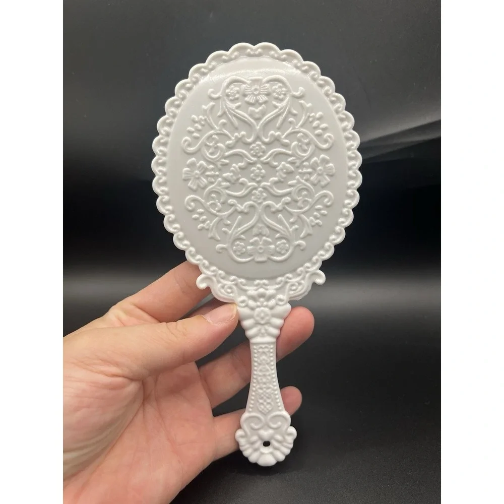 Vintage Style White Plastic Hand Mirror Vanity Makeup Ornate Victorian